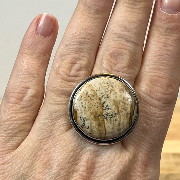 SILVER PLATED PICTURE JASPER GEMSTONE RING STAMPED 925 SIZE 9.75-10 - Picture 7 of 8